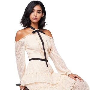 Bebe Ivory Lace Tiered Midi Dress Puff Sleeve Black Ribbon Coquette Edwardian